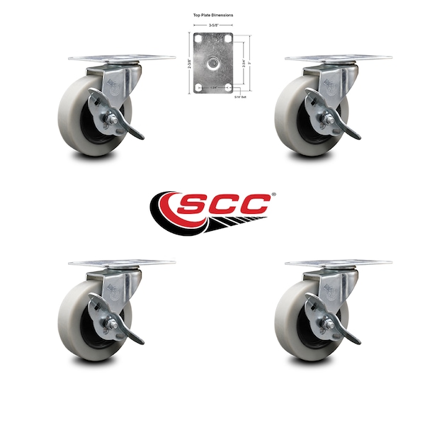 3 Inch Thermoplastic Wheel Top Plate Caster Set with Brakes SCC, 4PK